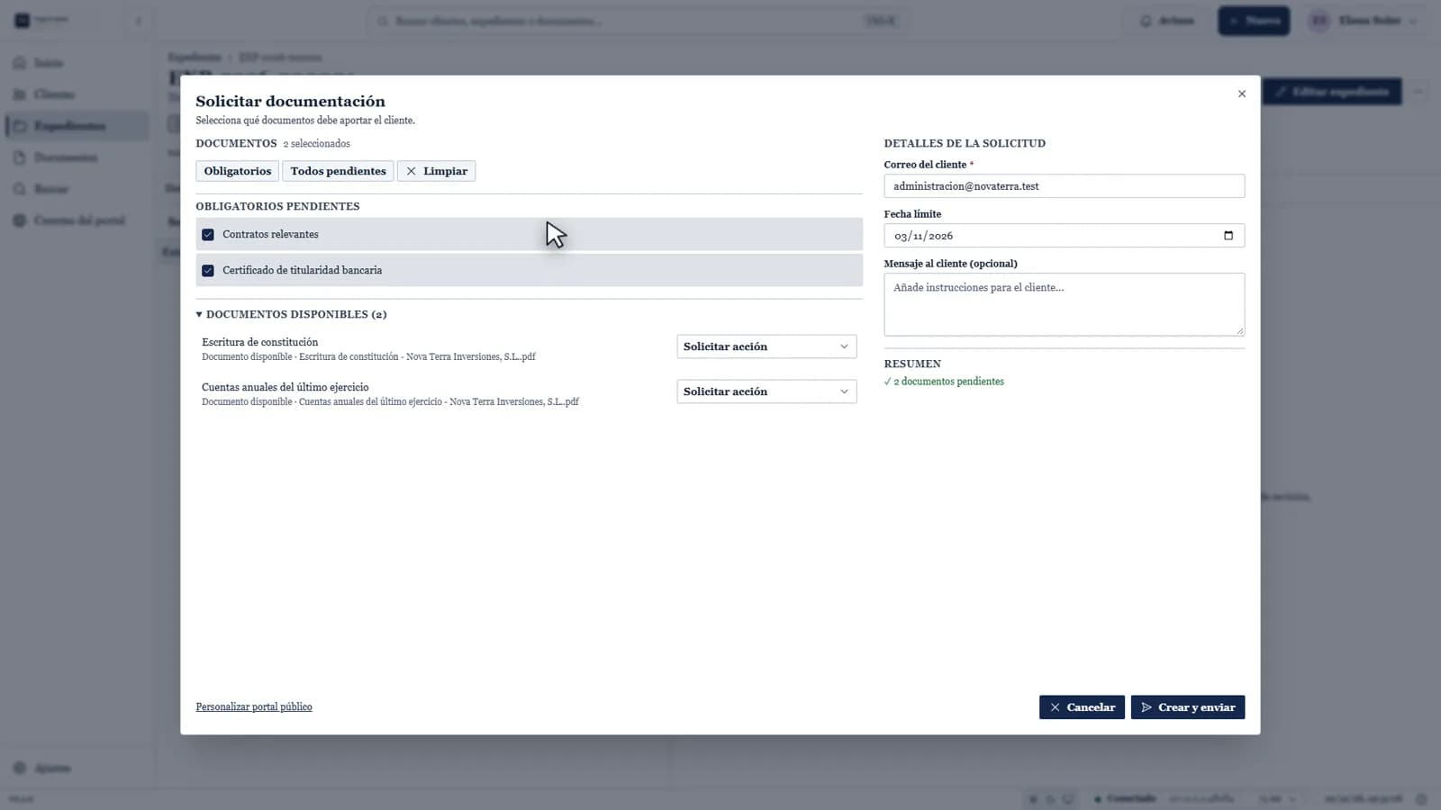 DocuCentral: solicitud de documentación con requisitos y fecha límite