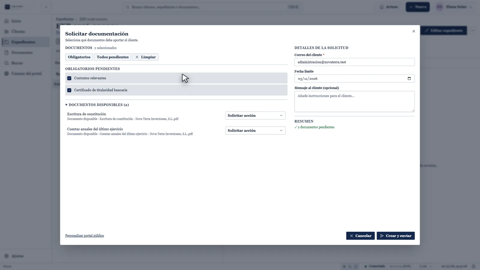 DocuCentral: solicitud de documentación con requisitos, estado y fecha límite