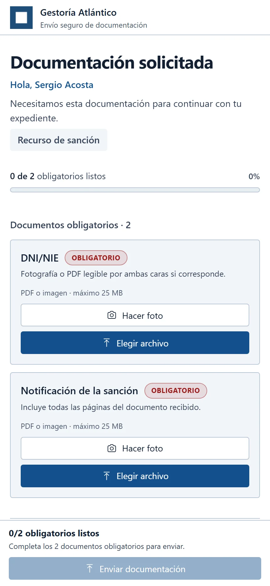 DocuCentral: portal del cliente con documentos pendientes y subida desde el móvil
